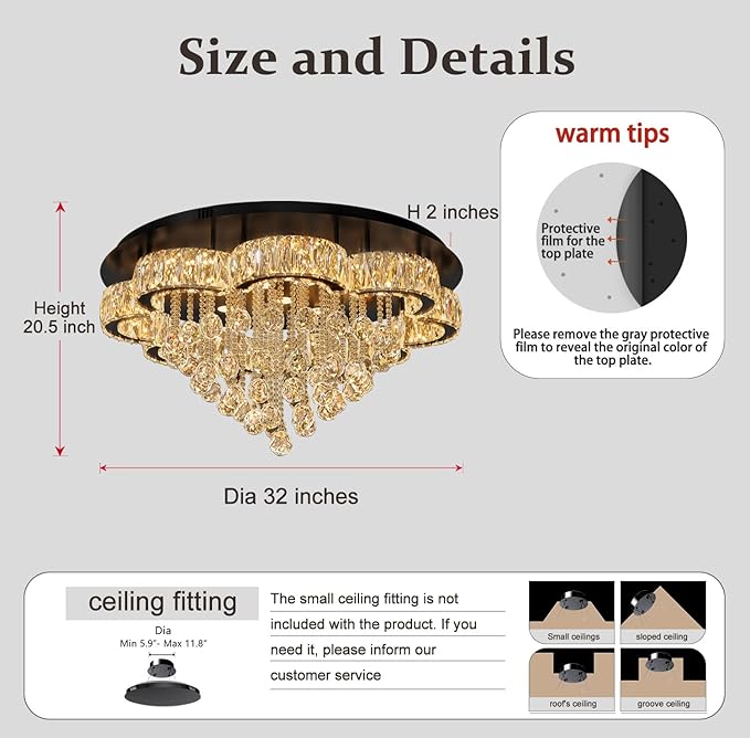 Flashing God W32inches Modern Black Chandeliers Raindrop Crystal Ceiling Lighting Fixture Flush Mount Chandelier for Living Room Hallway Dining Room Kitchen Bedroom