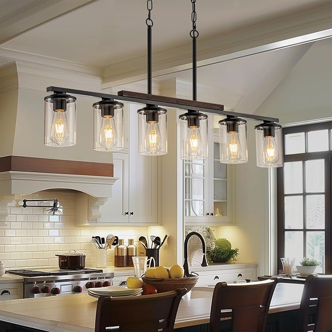 2026 Upgrade 40.15'' Large Dining Room Chandelier Over Table, 6-Light Wood Island Lights for Kitchen Island Lighting, Farmhouse Dining Room Light Fixture Black Farmhouse Chandeliers for Dining Room