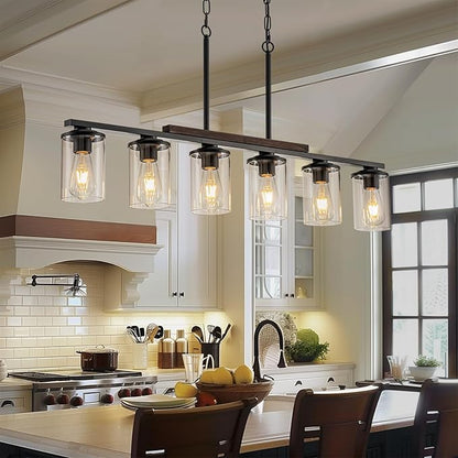 2026 Upgrade 40.15'' Large Dining Room Chandelier Over Table, 6-Light Wood Island Lights for Kitchen Island Lighting, Farmhouse Dining Room Light Fixture Black Farmhouse Chandeliers for Dining Room