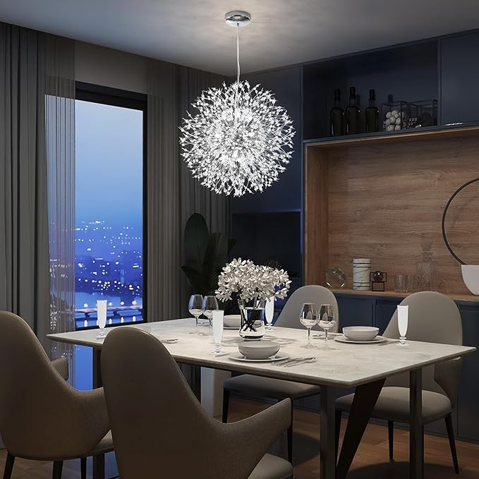 Qamra Modern Crystal Chandeliers, Chrome Firework Dandelion Sputnik Chandelier Light Fixture Pendant Lighting for Dining Room, Bedroom, Kitchen, Living Room(12-Light, Chrome)