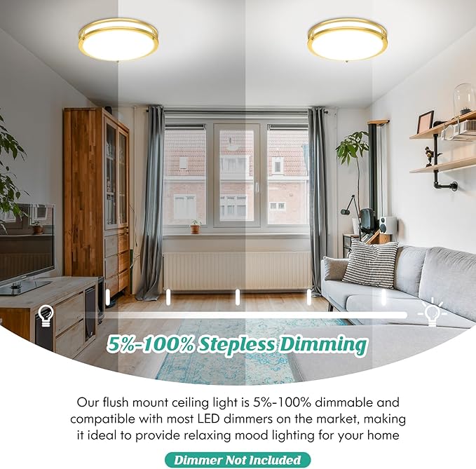 16 Inch LED Flush Mount Ceiling Light Fixture, Dimmable 5CCT Selectable 2700K Warm White-6500K Super Bright Daylight White, 50W 6000LM Round Gold Ceiling Lamps for Living Room Bedroom Kitchen, 2 Packs