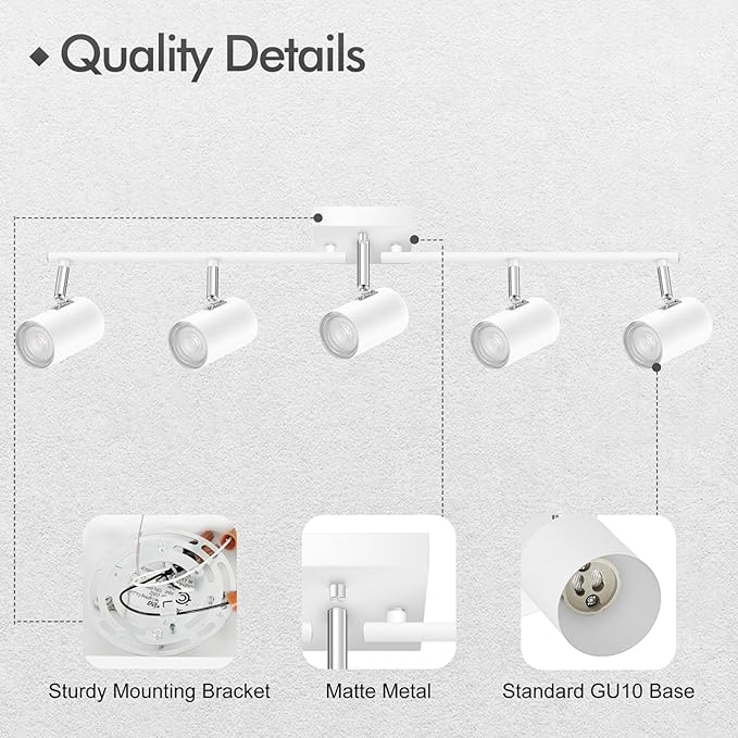 AUQUEE 5 Light Track Lighting Fixtures Ceiling, Matte White Kichen Track Lighting, Rotatable Light Heads, Adjustable Modern LED Track Lights for Kitchen/Living Room/Hallway/Bar,GU10 Bulb Not Included
