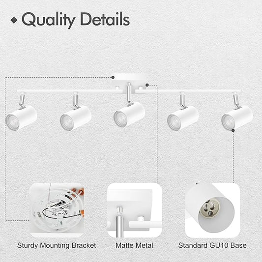 AUQUEE 5 Light Track Lighting Fixtures Ceiling, Matte White Kichen Track Lighting, Rotatable Light Heads, Adjustable Modern LED Track Lights for Kitchen/Living Room/Hallway/Bar,GU10 Bulb Not Included
