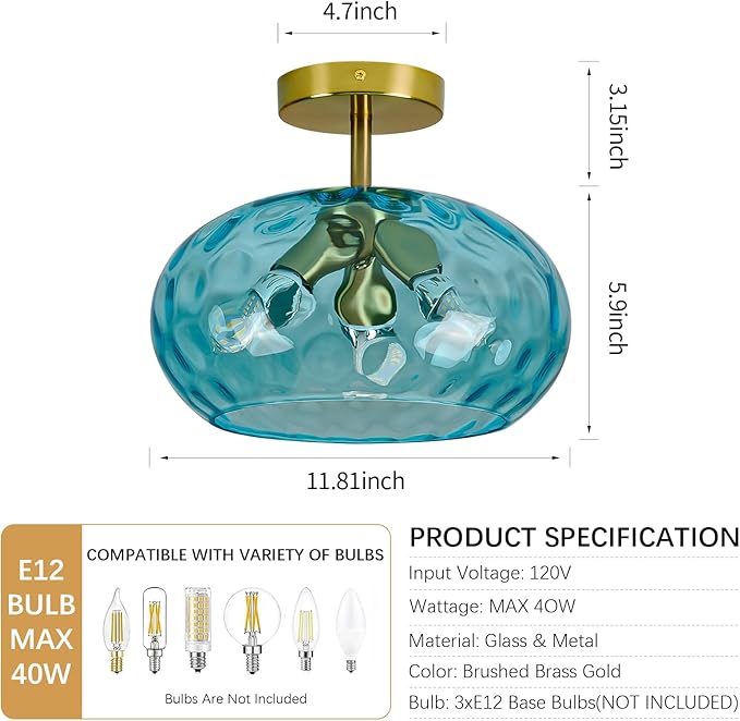 Luafac Blue Glass Semi Flush Mount Ceiling Light - 12 Inch Hammered Glass Hallway Light fixtures Ceiling, Vintage Gold Flush Mount Ceiling Light,Mid Century Light Fixture for Bedroom Entryway Kitchen