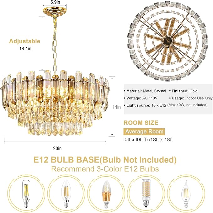 Gold Crystal Chandelier 20" 10-Light 3-Tier K9 Crystal Round Adjustable Pendant Light Modern Crystal Chandeliers for Dining Room Living Room Kitchen Island Bedroom Foyer Entryway