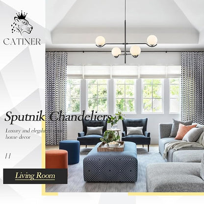 CATINER Black Sputnik Chandelier, Modern 4 Lights L31 '' Large Mid Century Long Ceiling Pendant Light Fixtures with Milk Glass Globe Shades for High Ceiling Living Dining Room Foyer Bedroom