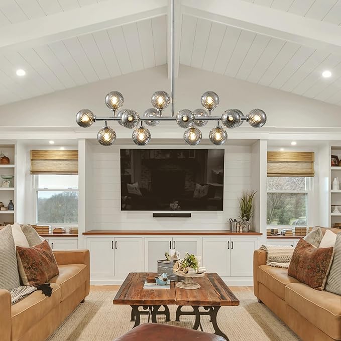 16-Light Mid Century Modern Chandelier: 39.4" Long Linear Chrome Sputnik Chandeliers - Smoke Grey Glass Globe Dining Room Light Fixture - Silver Adjustable Chandelier for Living Room Kitchen Island