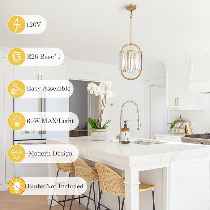 1-Light Modern Small Crystal Chandelier, Mini Gold Pendant Lighting 9.4" Crystal Lamp for Closet Bedroom Foyer Living Room Dining Room Bar