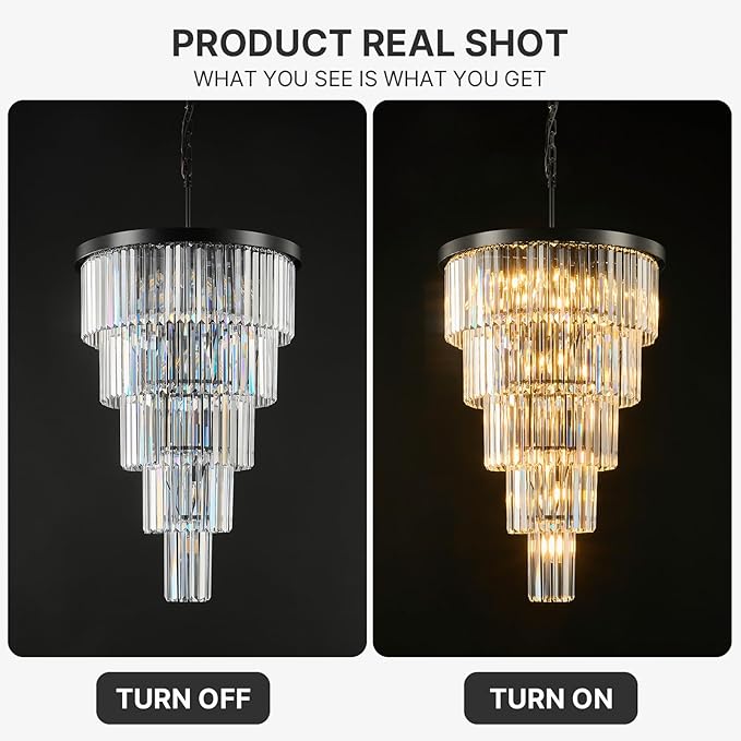 High Ceiling Chandelier Crystal Modern: 24-Inch 5-Tiered Black Staircase Chandeliers - Large Long Hanging Pendant Light Fixture For Entryway Foyer Living Room Luxury Round Flush Mount Ceilings Lights