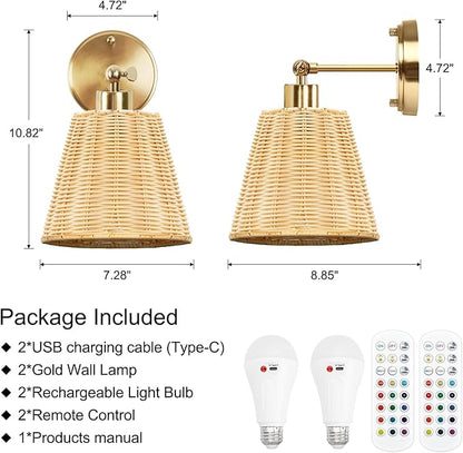 Frideko Rattan Rechargeable Wall Sconces Set of Two with Remote, RGB 15 Colors Dimmable Battery Operated Wall Lights, Indoor Wireless Wall Lamp with 3 Timer, Farmhouse Boho Sconce Light for Bedroom
