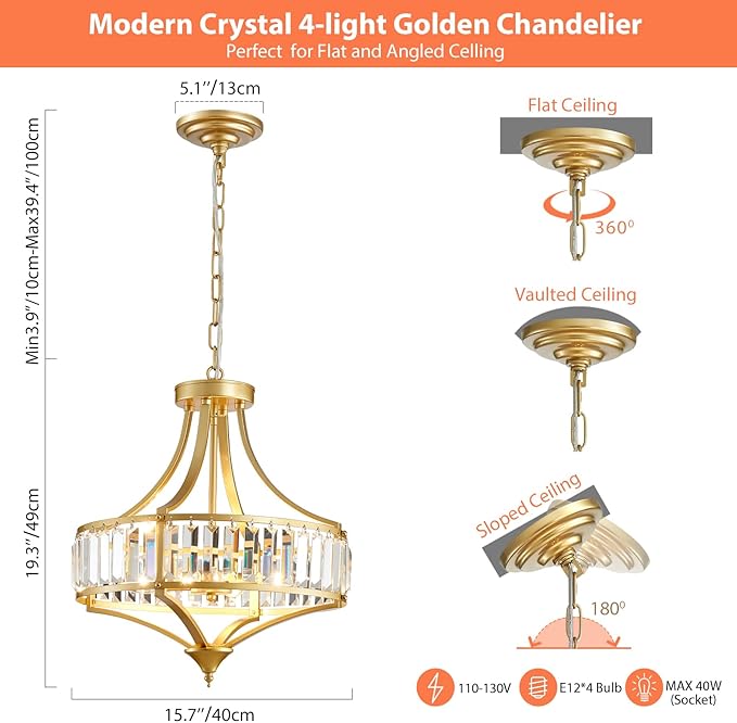 Gold Chandeliers for Dining Room Modern Round Crystal 4 Lights Rustic Pendant Lighting Fixture with Metal Lampshade for Living Room Hallway Bedroom Foyer
