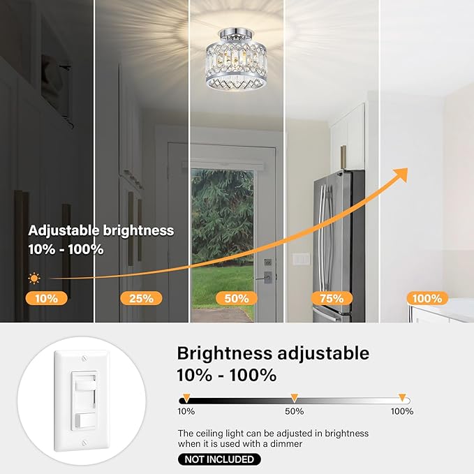 YURNYQ Crystal Ceiling Light Fixture, Modern Semi Flush Mount Ceiling Light, Chrome Lighting Fixtures Ceiling Lamp for Hallway, Kitchen, Entryway, Bedroom, Laundry Room, 9.05 Inch
