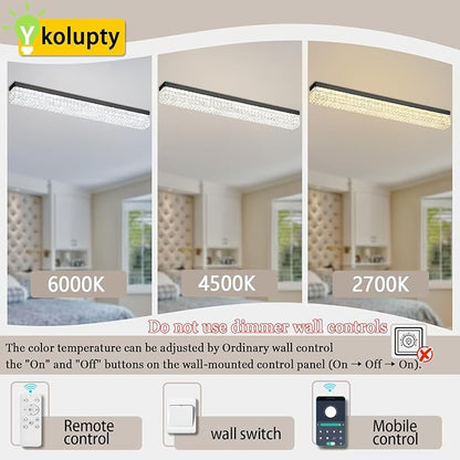 ykolupty L48 Rectangle Ceiling Chandelier Rectangular Crystal Flush Mount Light Modern K9 Crystal Chandeliers Light Fixture for Living Room Dining Room Bedroom Black