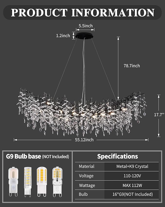 Modern Crystal Chandelier for Dining Room, 16-Light 55.12" Black Tree Branch Chandeliers, Luxury K9 Crystal Rectangular Chandeliers for Kitchen Island Living Room
