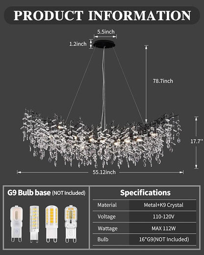 Modern Crystal Chandelier for Dining Room, 16-Light 55.12" Black Tree Branch Chandeliers, Luxury K9 Crystal Rectangular Chandeliers for Kitchen Island Living Room