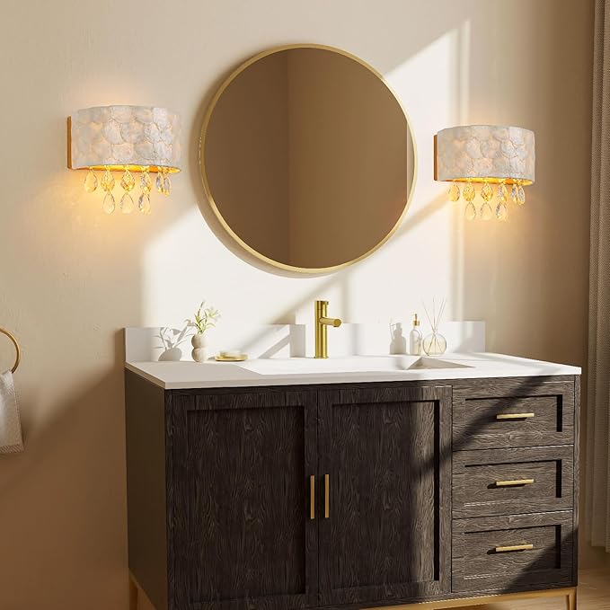 LumFurn 2-Light Capiz Shell Crystal Wall Sconces, Coastal Design Indoor Wall Lamp, Vanity Wall Mount Light Fixture for Bathroom, Hallway, Bedroom, Shell Lampshade, Crystal Pendants & Gold Finish
