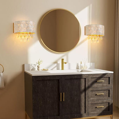 LumFurn 2-Light Capiz Shell Crystal Wall Sconces, Coastal Design Indoor Wall Lamp, Vanity Wall Mount Light Fixture for Bathroom, Hallway, Bedroom, Shell Lampshade, Crystal Pendants & Gold Finish