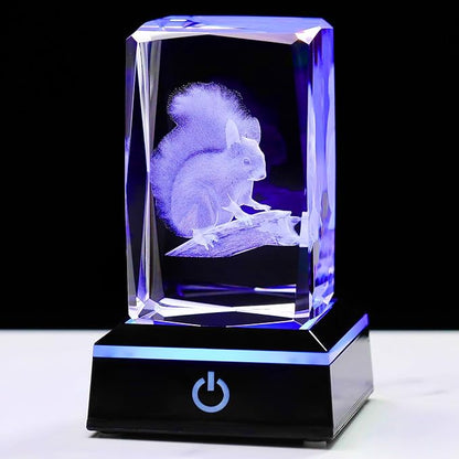YWHL 3D Crystal Squirrel Figurine with Colorful Light Base, Laser Engraved Squirrel Gifts for Women Men on Birthday Christmas, Animal Figurine Collection for Home Decor