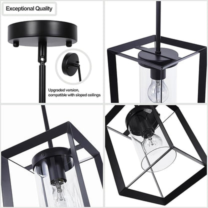 3 Pack Black Pendant Lights for Kitchen Island, Farmhouse 1-Light Iron Cage Metal Hanging Light with Clear Glass Shade, Industrial Lighting Fixtures for Living Room Bedroom Hallway Foyer