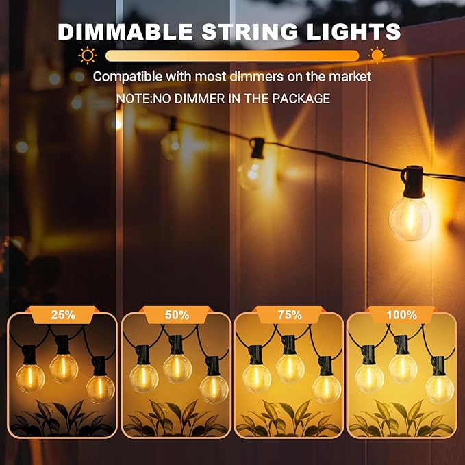 LAMPHOME 100Ft Outdoor String Lights, 50+2 Shatterproof Edison Bulbs Waterproof Connectable Dimmable Patio Lights, Outdoor Lighting for Backyard Porch Garden Balcony Deck Cafe Christmas Party Decor
