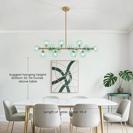 Mid Century Modern Gold Chandelier with Green Glass Rectangle Pendant Fixtures Linear Sputnik Chandeliers for Kitchen Island Dining Room Over Table