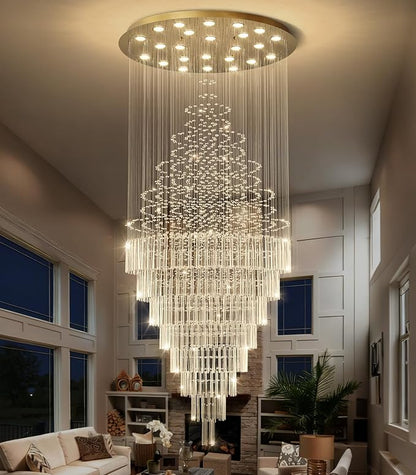 HAIXIANG W47 x H120 Crystal LED Chandelier with Light Bulbs Luxury Raindrop High Ceiling Chandeliers for Entryway Villa Staircase Foyer Living Room Lighting Fixtures Gold