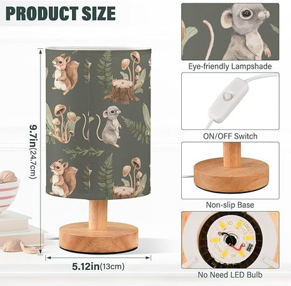 Table Lamp with Squirrel Mouse Stump Fern Mushroom Forest Animal Pattern - Wood Base Fabric Shade Nightstand for Living Room Bedroom Kids Room Office