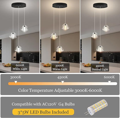 Modern Crystal Kitchen Island Chandelier 3-Lights Raindrop Pendant Light, Black Bubble Crystal LED Dining Room Bedroom Foyer Lighting Fixture