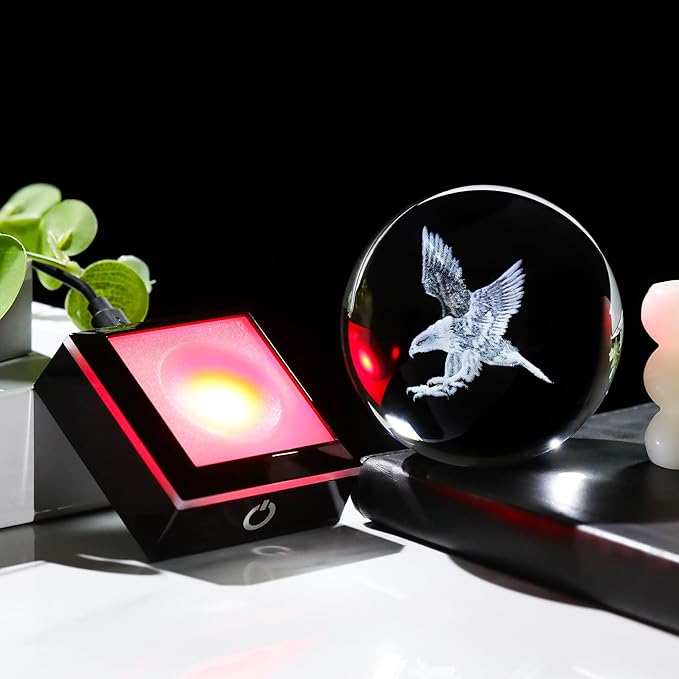 Arikyrist 3D Eagle Figurine Crystal Ball with Colorful Light Base, Eagle Gifts for Women Men, Modern Home Office Decor