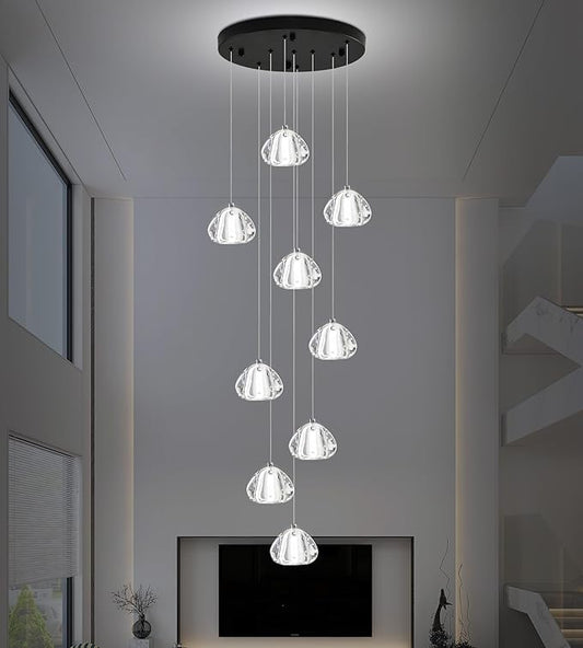 Modern Crystal Chandelier 9-Lights High Ceiling Raindrop Chandelier Lighting Fixture, LED Round Indoor Lighting Fixture Black for Foyer Staircase Living Room