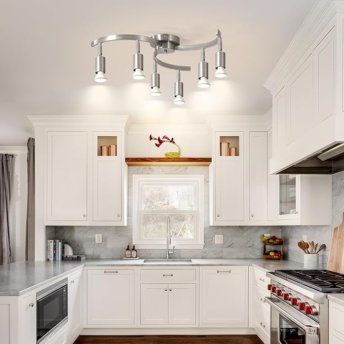 6 Light Track Lighting Fixtures Ceiling, Flexibly Rotatable Light Heads, Nickel Semi Flush Mount Ceiling Light for Kitchen Dining Room Living Room.Gu10 Bulb Base.