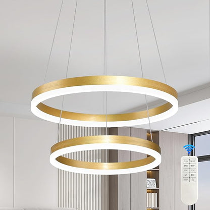 Modern Gold Led Chandelier 2 Rings Dimmable LED Chandeliers with Remote Control Light Fixture for Kitchen Island Height Adjustable Chandelier Led Pendant Light for Living Room Dining Room