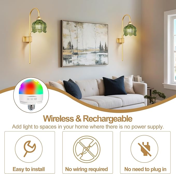 ZECOXOL Glass Battery Operated Wall Sconces Set of Two,Wireless Flower Battery Wall Light with 5000mAh RGB Dimmable Bulb and Remote, Rechargeable Wall Lamp Sconce for Bedroom Living Room Hallway