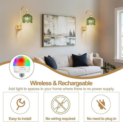 ZECOXOL Glass Battery Operated Wall Sconces Set of Two,Wireless Flower Battery Wall Light with 5000mAh RGB Dimmable Bulb and Remote, Rechargeable Wall Lamp Sconce for Bedroom Living Room Hallway