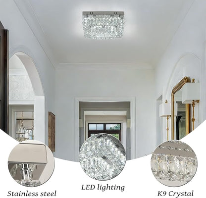 Finktonglan Modern 2-Tier Crystal Flush Mount Ceiling Light, 11.8" Rectangular LED Ceiling Fixture with Multi-Faceted Crystal Prisms, Cool White, 24W Low Profile for Kitchen Dining Hallway