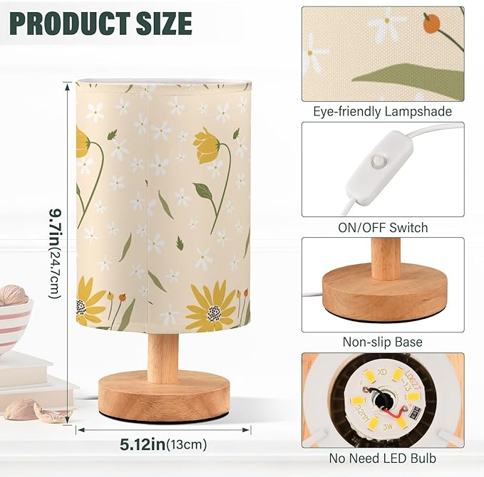 Bedside Table Lamp Daisy Nightstand Lamp with Wood Yellow Flower Floral Desk Lamps for Bedroom Living Room Nursery Office Home Decor