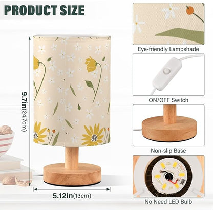 Bedside Table Lamp Daisy Nightstand Lamp with Wood Yellow Flower Floral Desk Lamps for Bedroom Living Room Nursery Office Home Decor