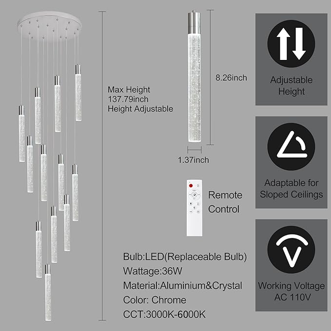 12-Lights Bubble Chandelier for Entryway High Ceiling-137 Height Adjustable Crystal Chandelier,3 Color Temperature Dimmable LED Pendant Light Fixture for Foyer Living Room Staircase,Chrome