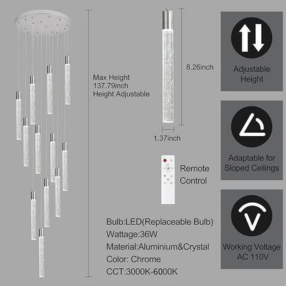 12-Lights Bubble Chandelier for Entryway High Ceiling-137 Height Adjustable Crystal Chandelier,3 Color Temperature Dimmable LED Pendant Light Fixture for Foyer Living Room Staircase,Chrome