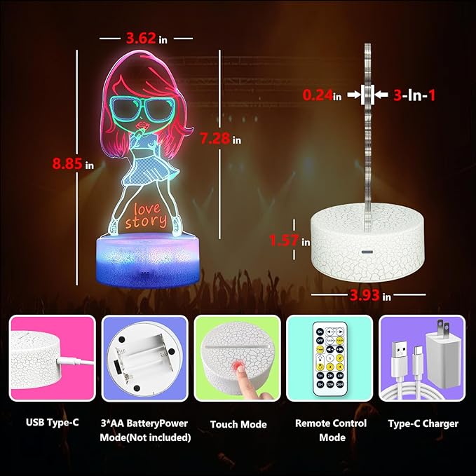 Girls Gifts, Singing Girl Birthday Gift, Cool 3D Night Light for Music Fans Merch, Table Lamp for Music Party Supplies, Decoration for Room, Night Light with Multi-Colors Change and Timing