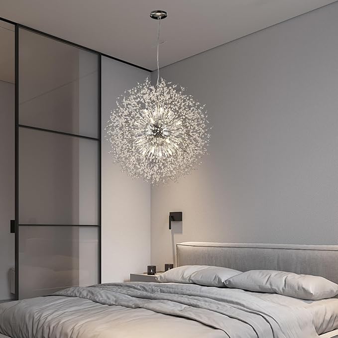 Large Sputnik Chandelier, Round Firework Hanging Lamp, Dandelion Farmhouse 24-Light, Modern Crystal Pendant Light Fixture for Living Room Kitchen Island Bedroom Dining Room (Chrome, D39.3inch)