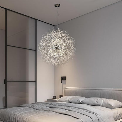 Large Sputnik Chandelier, Round Firework Hanging Lamp, Dandelion Farmhouse 24-Light, Modern Crystal Pendant Light Fixture for Living Room Kitchen Island Bedroom Dining Room (Chrome, D39.3inch)