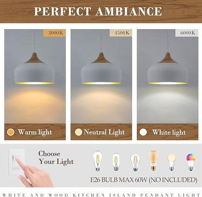 White Pendant Light, 12in Solid Wood Pendant Lights Fixture Adjustable Modern Hanging Lighting, for Kitchen Island Dining Room Sink Bar Office Bedroom