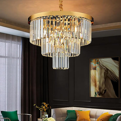 Gold Crystal Chandelier 20" Modern Chandelier 3 Tiers 6 Lights Pendant Lighting Crystal Ceiling Light Round Chandelier for Dining Room Kitchen Island Living Room Entryway Bedroom Office
