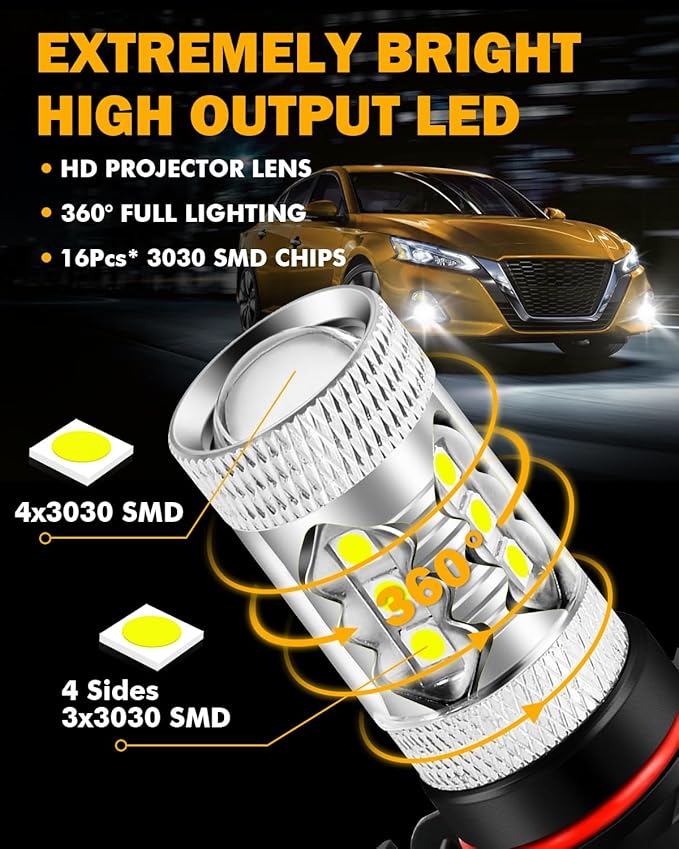 Auxbeam 5201/5202/9009 LED Fog Light Bulbs, 6500K Xenon White, 8000LM Super Bright, 360-degree Illumination, Canbus Ready, Fog Car Lights Replacement, Pack of 2