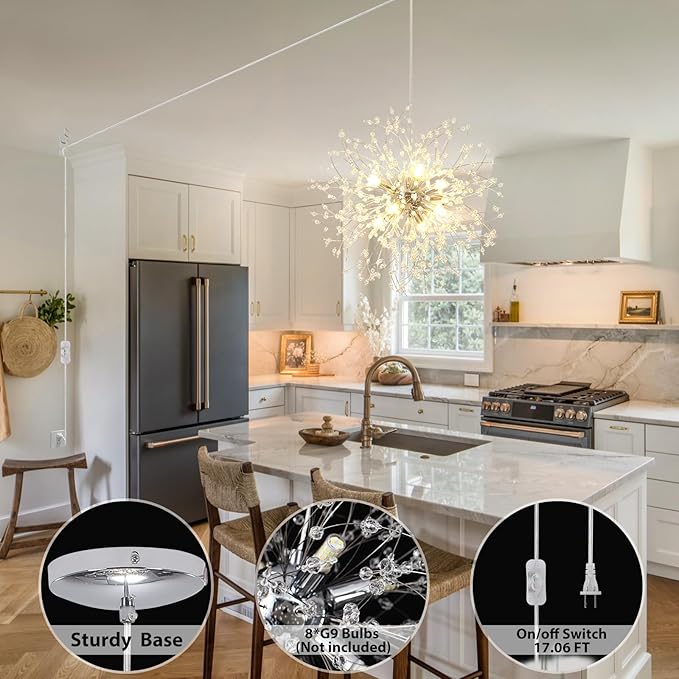 Plug in Crystal Chandelier, Modern Plug in Pendant Light Hanging Light Fixture 2-in-1 Chrome Pendant Light Dandelion Chandeliers for Dining Room Bedroom Kitchen Foyer Entryway Living Room