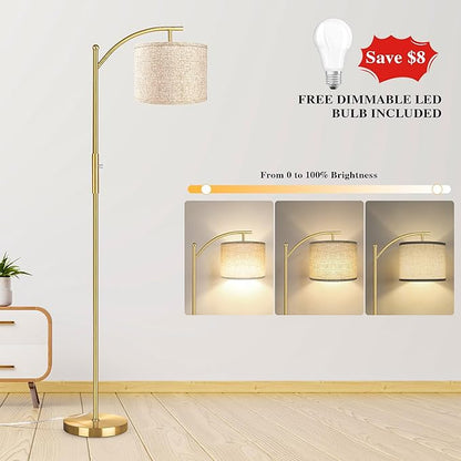 ROTTOGOON Dimmable Floor Lamp, Arc Floor Lamps for Living Room, Stepless Dimming Modern Standing Lamp with Linen Shade, Tall Lamp for Bedroom Office Dining Room- Brushed Gold