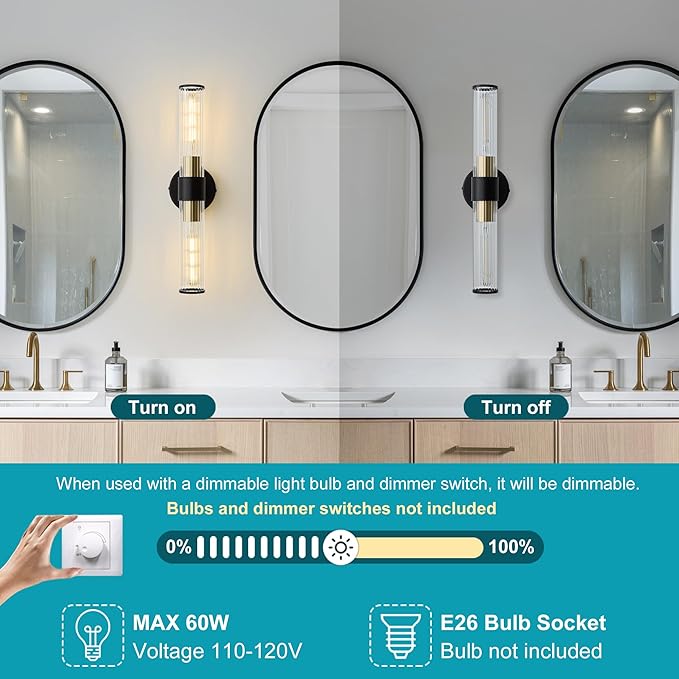 Bathroom Light Fixtures, Black Gold Wall Sconce in Threaded Glass Vanity Light, Modern Bathroom Wall Light for Bedroom, Living Room - Bulb Not Included