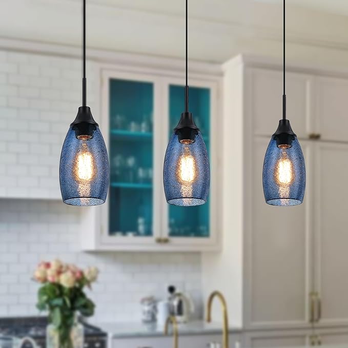 Viinew Mini Glass Pendant Light,4.72" Dark Blue Glass Hanging Light 3-Pack Handblown Clear Blue Seeded Shade Adjustable Cord Ceiling Light Fixture for Kitchen Island Sink