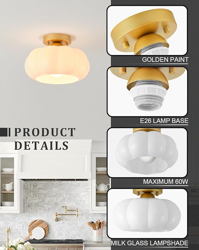 Vintage Semi Flush Mount Ceiling Light,Mid Century Modern Ceiling Lights,10 Inch Milk White Glass Shade with a Gold Base,for Bedroom,Kitchen,Hallway,Entryway